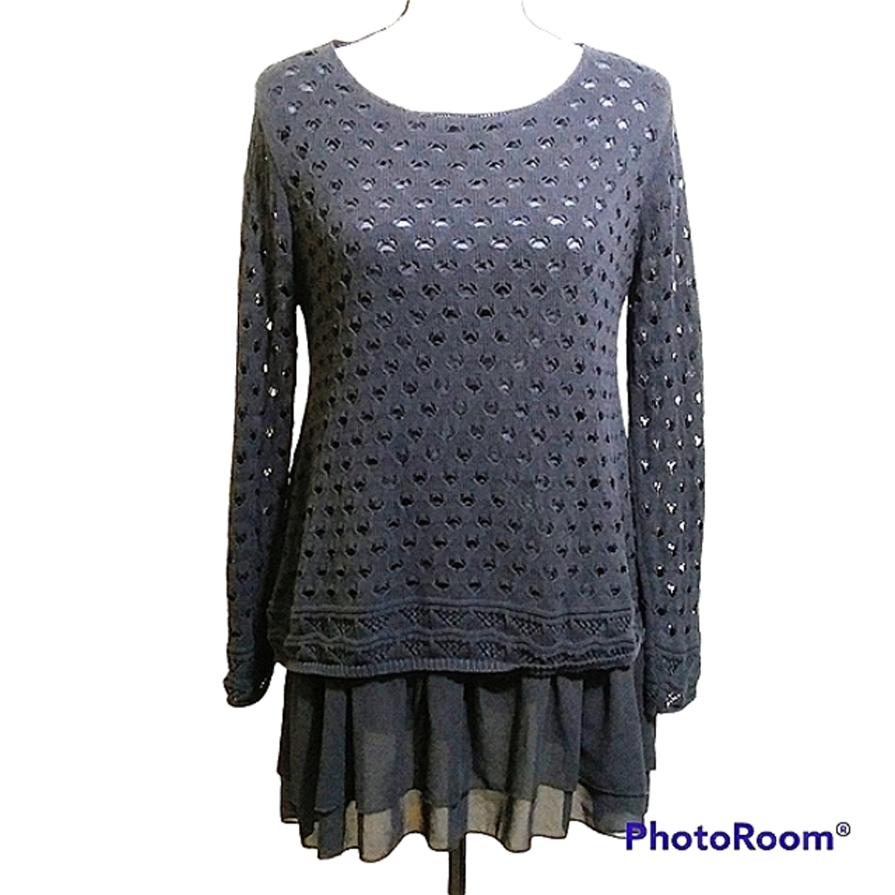 JOHN FASHION BLACK TUNIC SWEATER CHIFFON UNDERLAYERS SZ L OPEN KNIT BOHO TRENDY